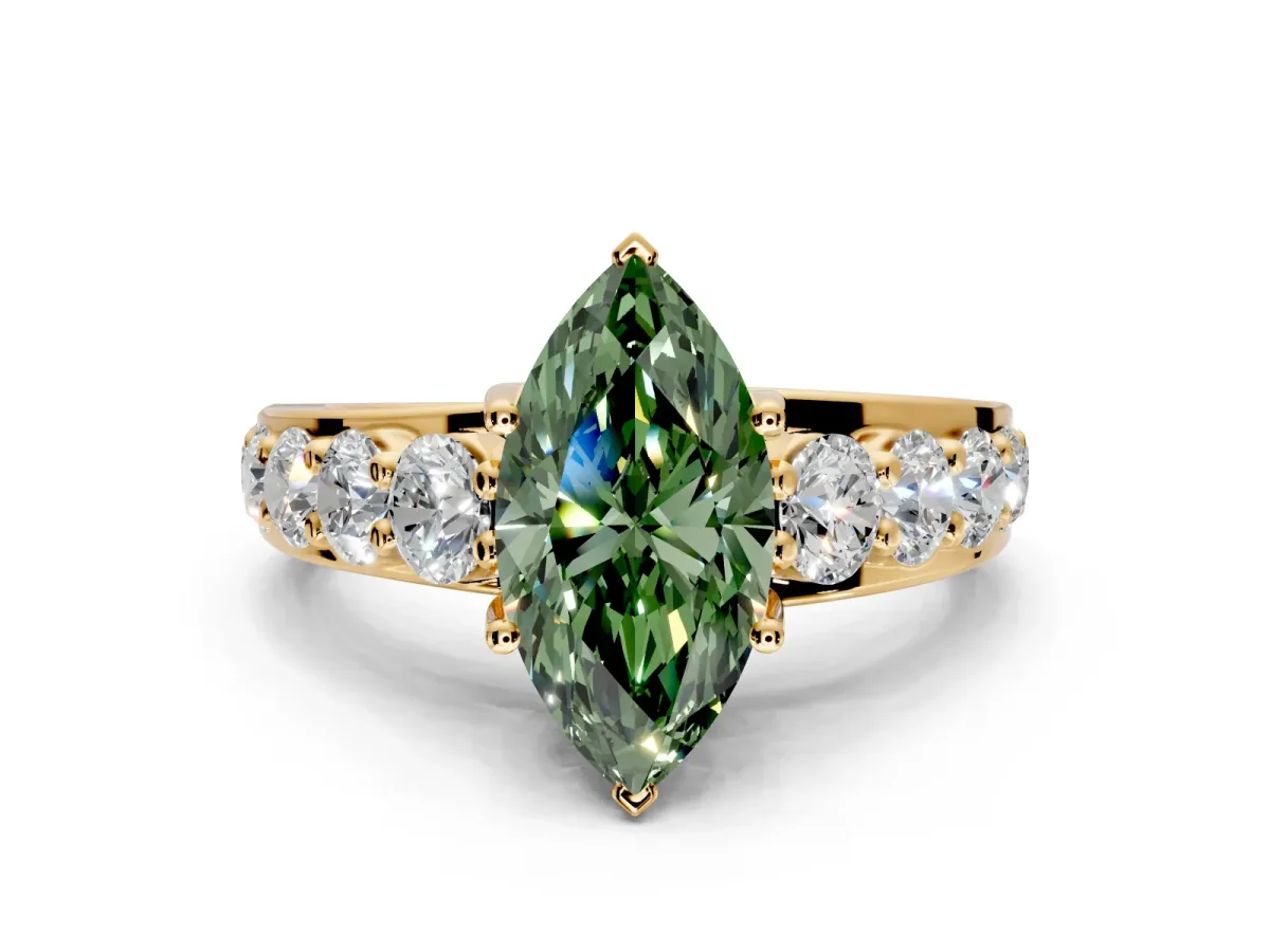 Solitaire Engagement Ring Setting for Fancy Green Marquise Center with Graduated Shared Prongs and Prong Head in Yellow Gold