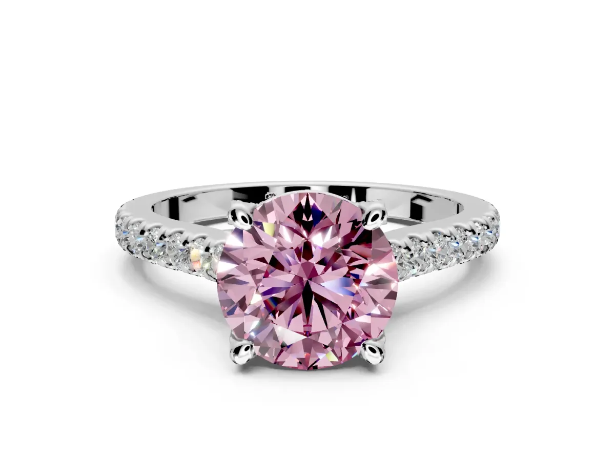 Solitaire Engagement Ring Setting for Fancy Pink Round Cut Center with Widening Pave Band and Claw Prong Head in Sterling Silver