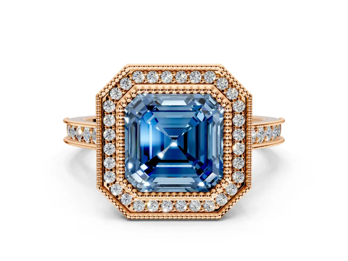 Halo Engagement Ring Setting for Fancy Blue Asscher Cut Center with Milgrain Pave Band and Bezel Head in Rose Gold