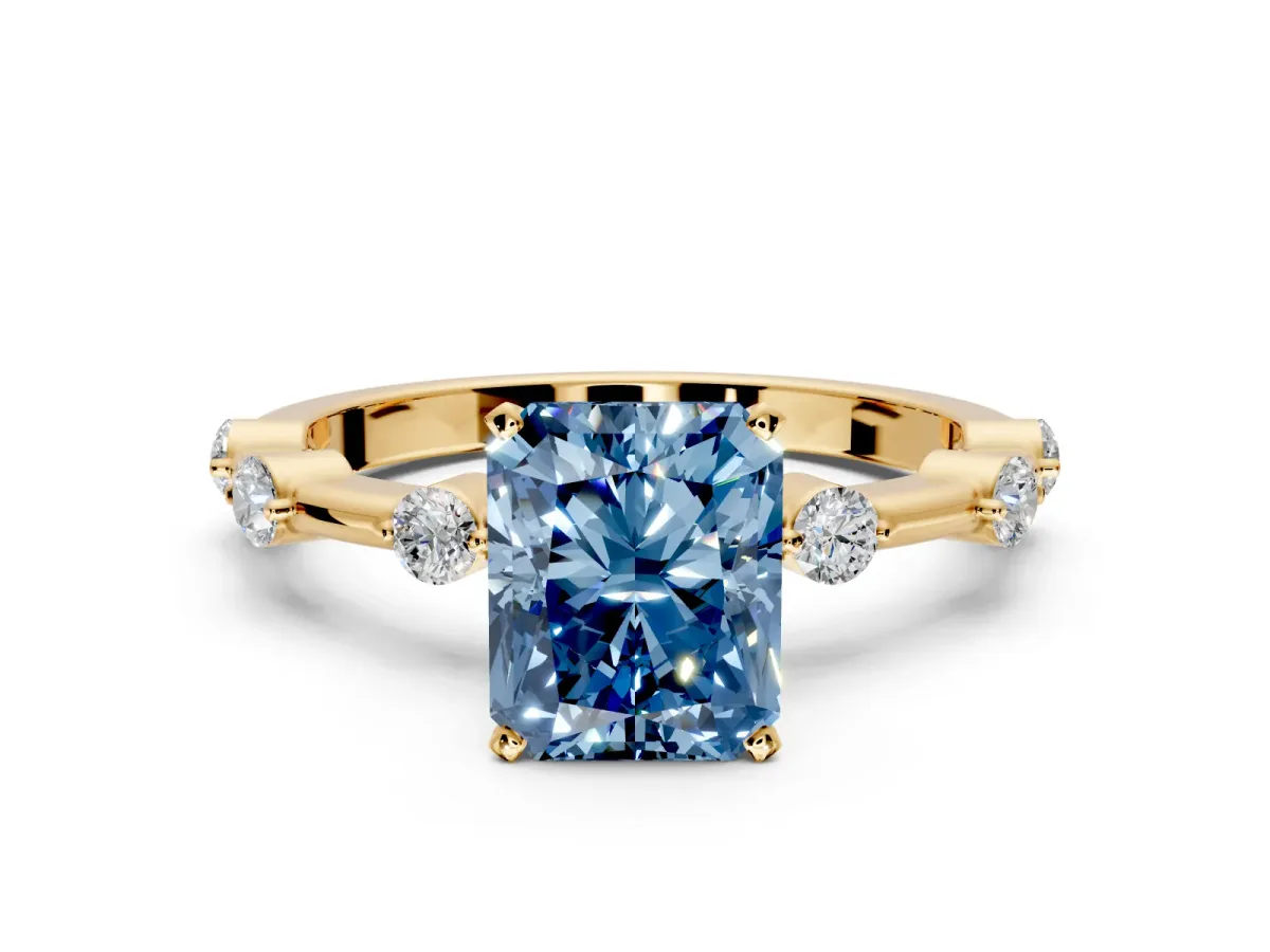 Solitaire Engagement Ring Setting for Fancy Blue Radiant Cut Center with Bezel Station Band and Prong Head in Yellow Gold