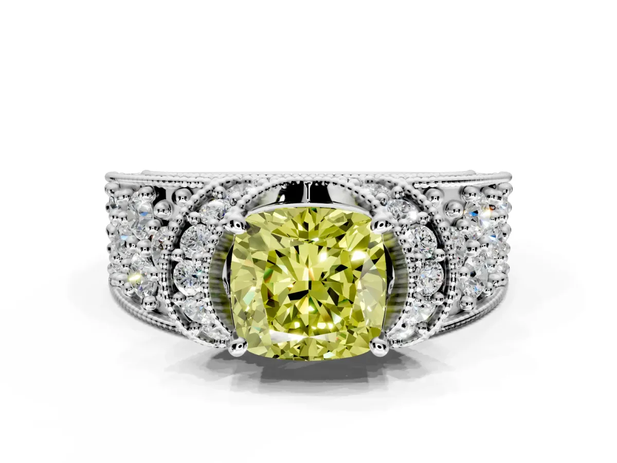 Pave Engagement Ring Setting for Fancy Yellow Cushion Cut Center with Curved Accent Rows, Openwork and Prong Head in Platinum