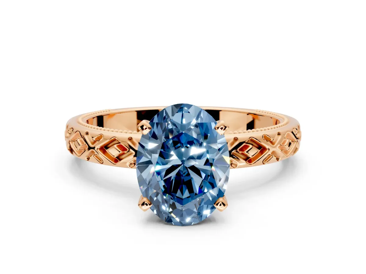 Solitaire Engagement Ring Setting for Fancy Blue Oval Center with Milgrain X Pattern Band and Prong Head in Rose Gold