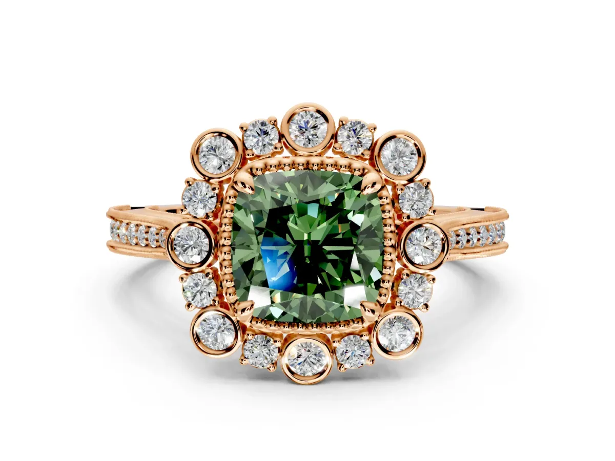 Milgrain Halo Engagement Ring Setting for Fancy Green Cushion Cut Center with Bezel Point Accents and Prong Head in Rose Gold