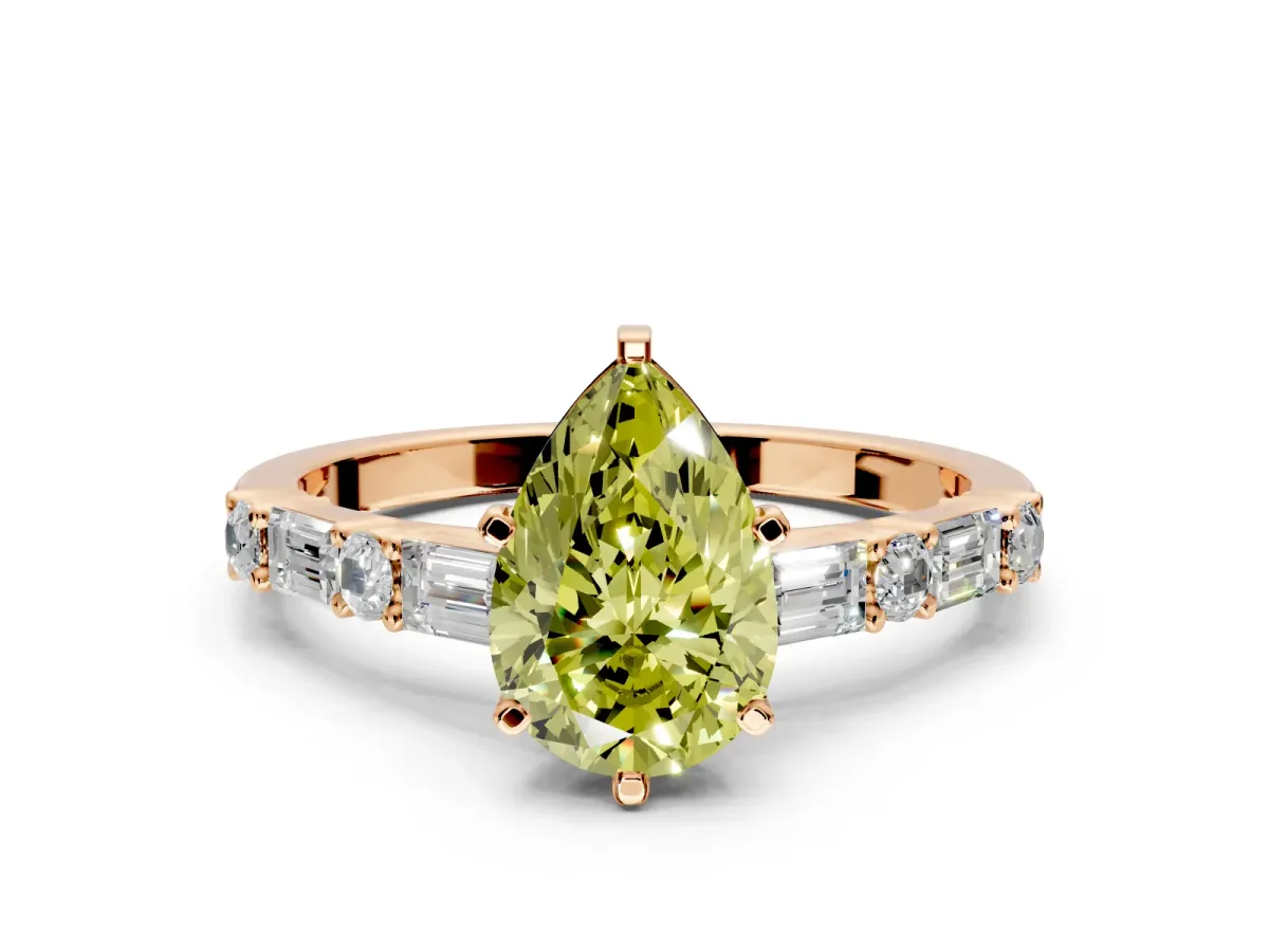 Baguette Engagement Ring Setting for Fancy Yellow Pear-Shaped Center with Alternating Bar-Set Band and Prong Head in Rose Gold