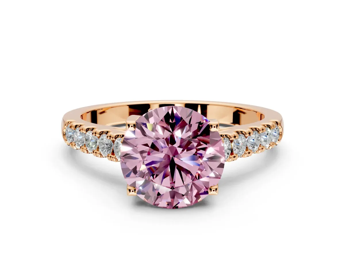 Solitaire Engagement Ring Setting for Fancy Pink Round Cut Center with Partway Pave Band and Prong Head in Rose Gold