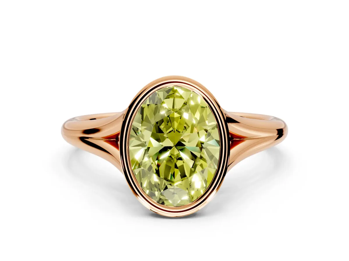 Solitaire Engagement Ring Setting for Fancy Yellow Oval Center with V Split Shank and Bezel Head in Rose Gold