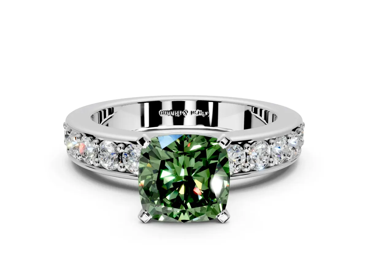 Solitaire Engagement Ring Setting for Fancy Green Cushion Cut Center with Channel-Set Accents and Prong Head in White Gold