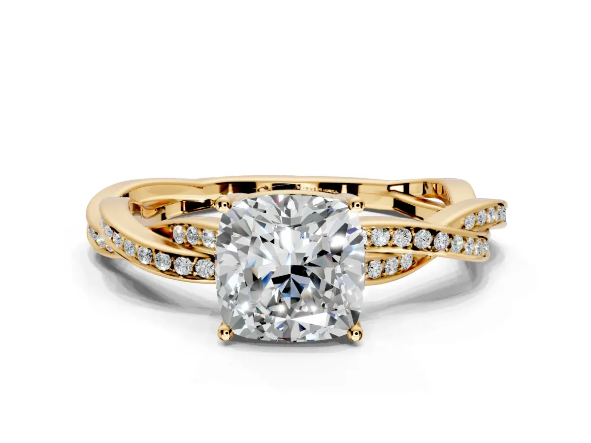 Solitaire Engagement Ring Setting for Cushion Cut Center with Twisted Pave Band and Prong Head in Yellow Gold