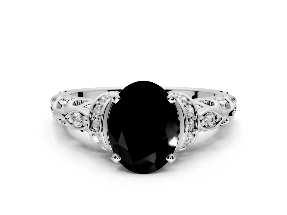 Solitaire Engagement Ring Setting for Fancy Black Oval Center with Filigree Band and Prong Head in Platinum