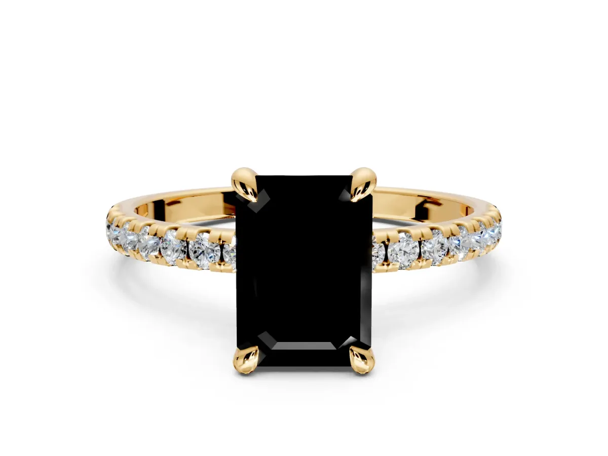 Solitaire Engagement Ring Setting for Fancy Black Emerald Cut Center with Fine Pave Narrow Band and Prong Head in Yellow Gold