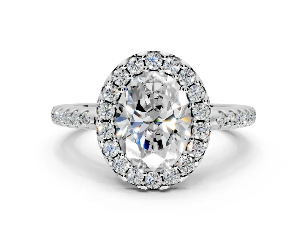 Pave Halo Engagement Ring Setting for Oval Center with Single Row Pave Band and Prong Head in Platinum