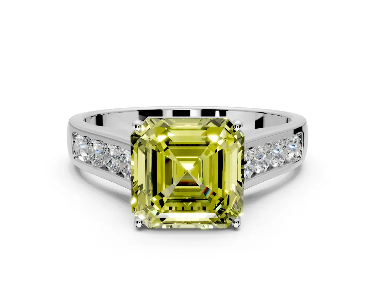 Solitaire Engagement Ring Setting for Fancy Yellow Asscher Cut Center with Round Cut Channel Band and Prong Head in Platinum