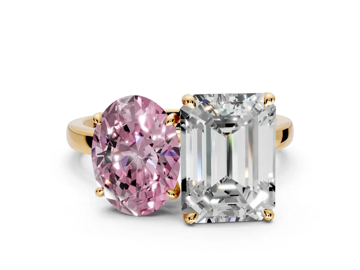 Fancy Pink Oval and Emerald Cut Lab-Grown Diamond Toi et Moi Engagement Ring with Prong-Set Stones in Yellow Gold