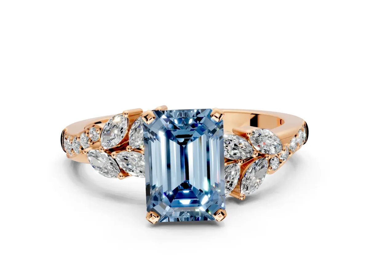 Solitaire Engagement Ring Setting for Fancy Blue Emerald Cut Center with Marquise Accent Twist Band and Prong Head in Rose Gold