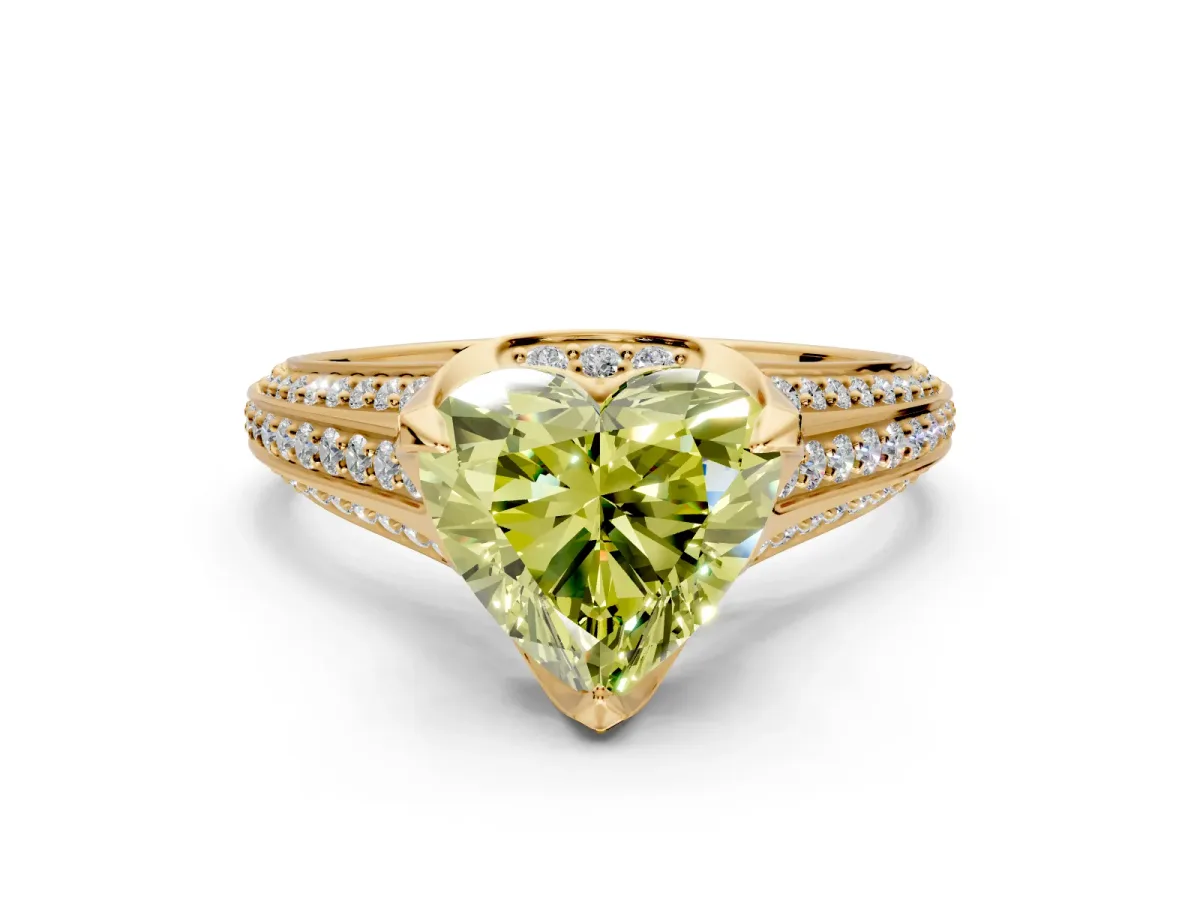 Solitaire Engagement Ring Setting for Fancy Yellow Heart-Shaped Center with Accented Split Shank and Prong Head in Yellow Gold