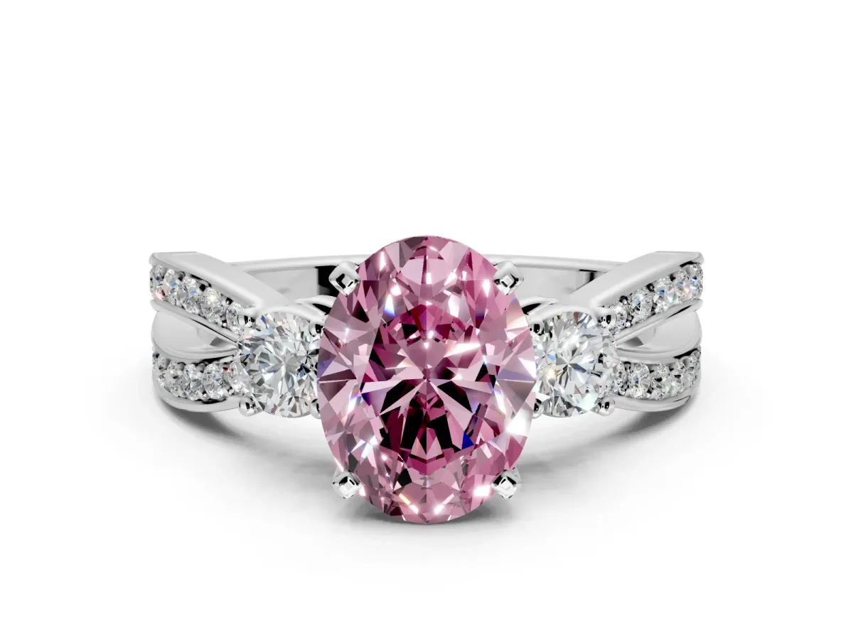 3 Stone Engagement Ring Setting for Fancy Pink Oval Center with Pave Twist Band and Prong Head in Platinum