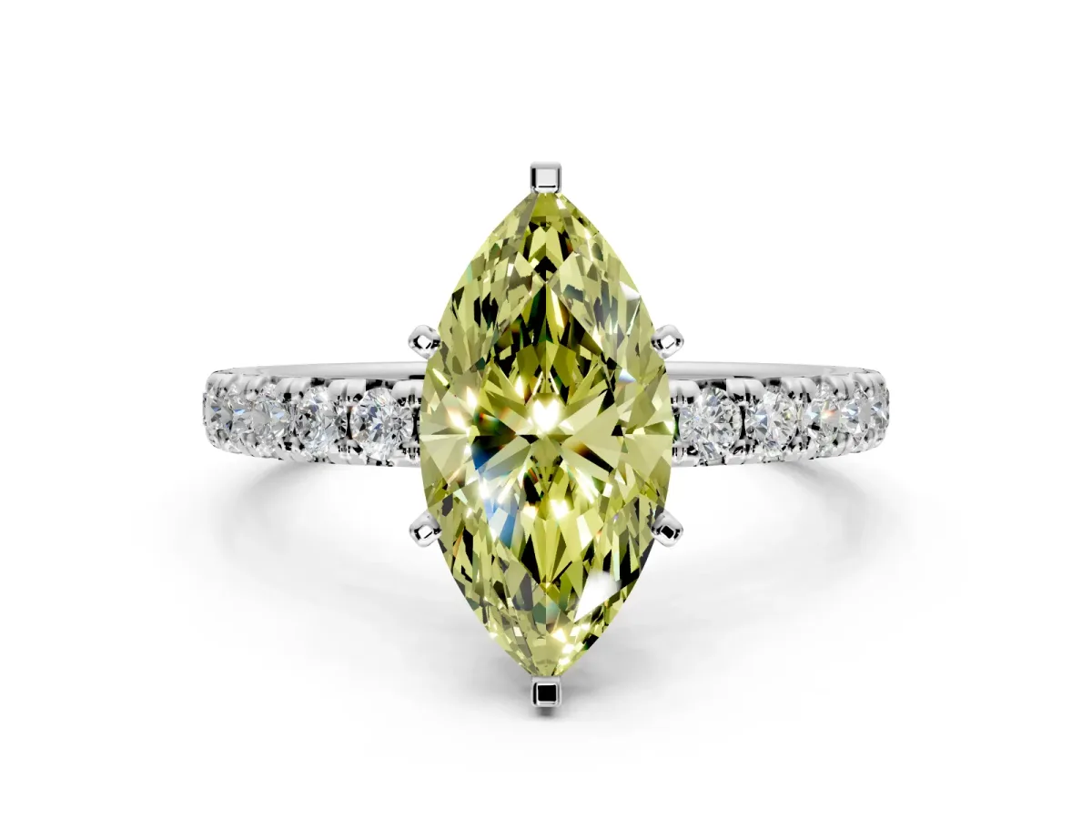 Solitaire Engagement Ring Setting for Fancy Yellow Marquise Center with Shared-Prong Accents and Prong Head in Sterling Silver