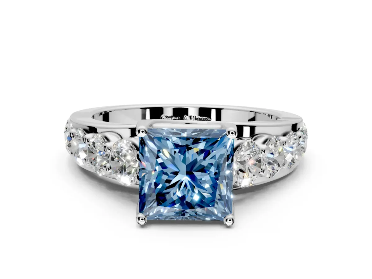 Solitaire Engagement Ring Setting for Fancy Blue Princess Cut Center with Graduated Shared Prongs and Prong Head in Platinum