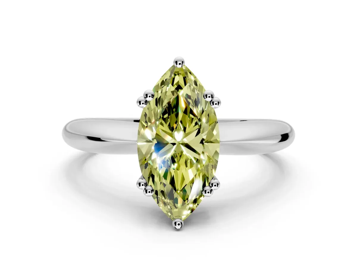 Solitaire Engagement Ring Setting for Fancy Yellow Marquise Center with Reverse Tapered Band and Prong Head in Platinum
