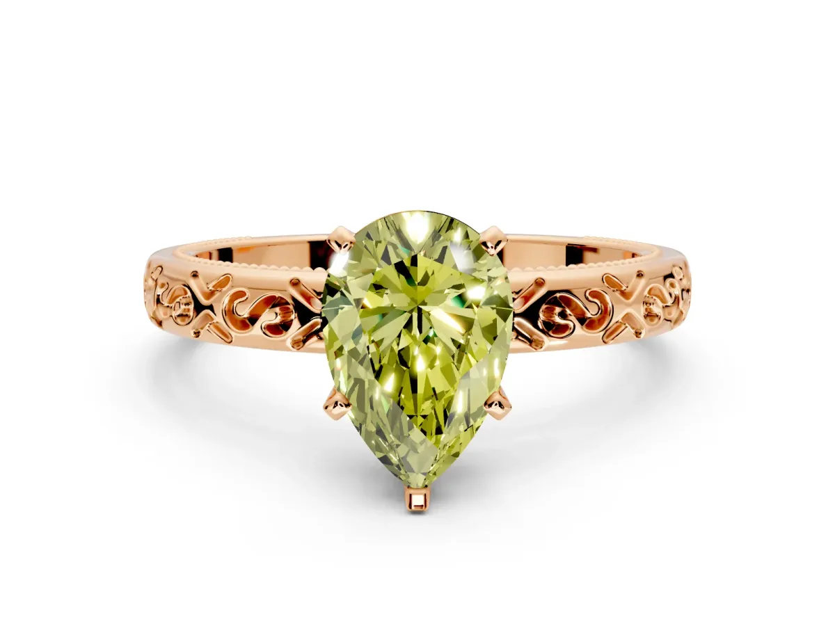 Solitaire Engagement Ring Setting for Fancy Yellow Pear-Shaped Center with Scrollwork Band and Prong Head in Rose Gold
