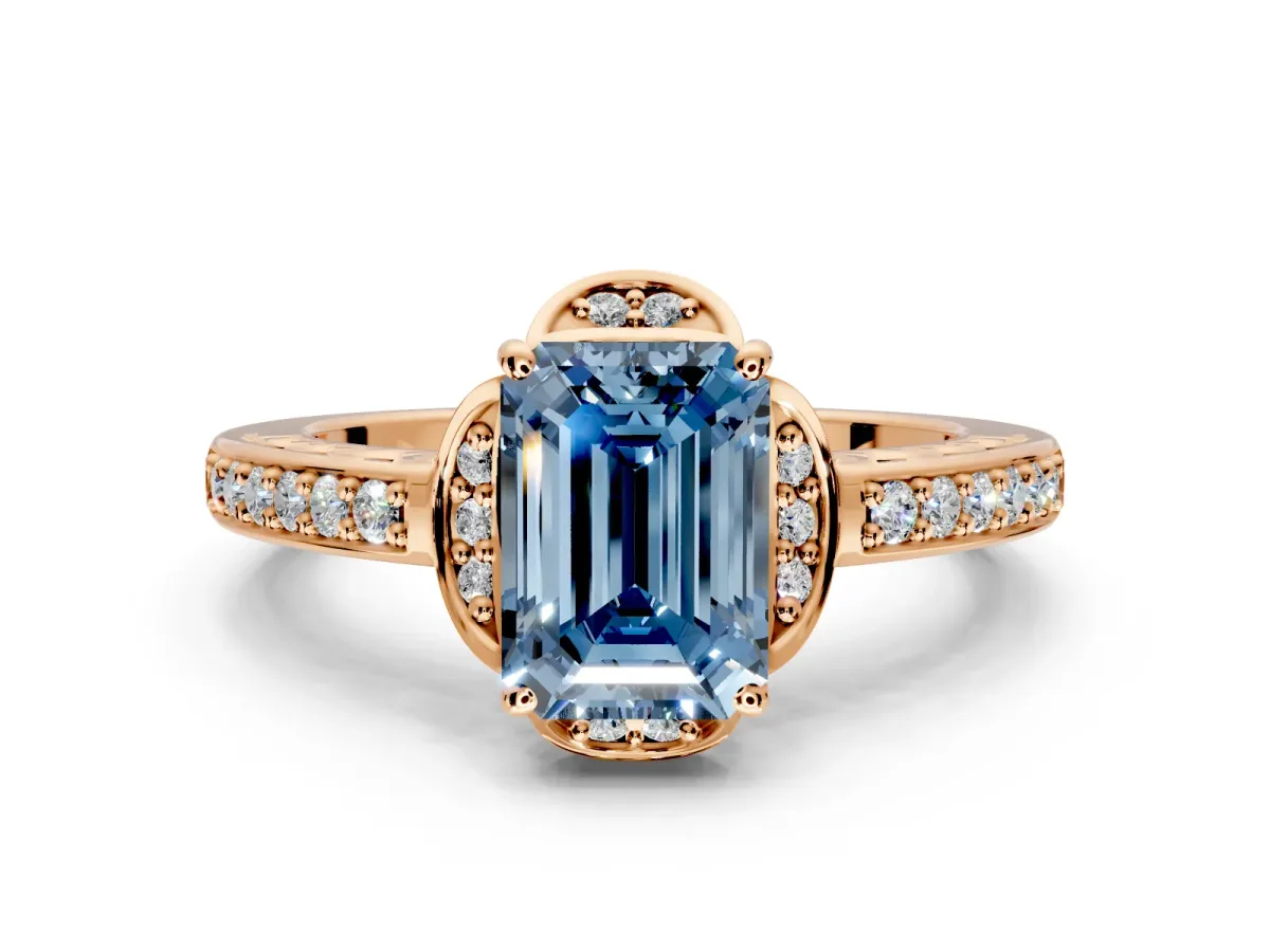 Floral Engagement Ring Setting for Fancy Blue Emerald Cut Center with Four Accent Clusters and Prong Head in Rose Gold