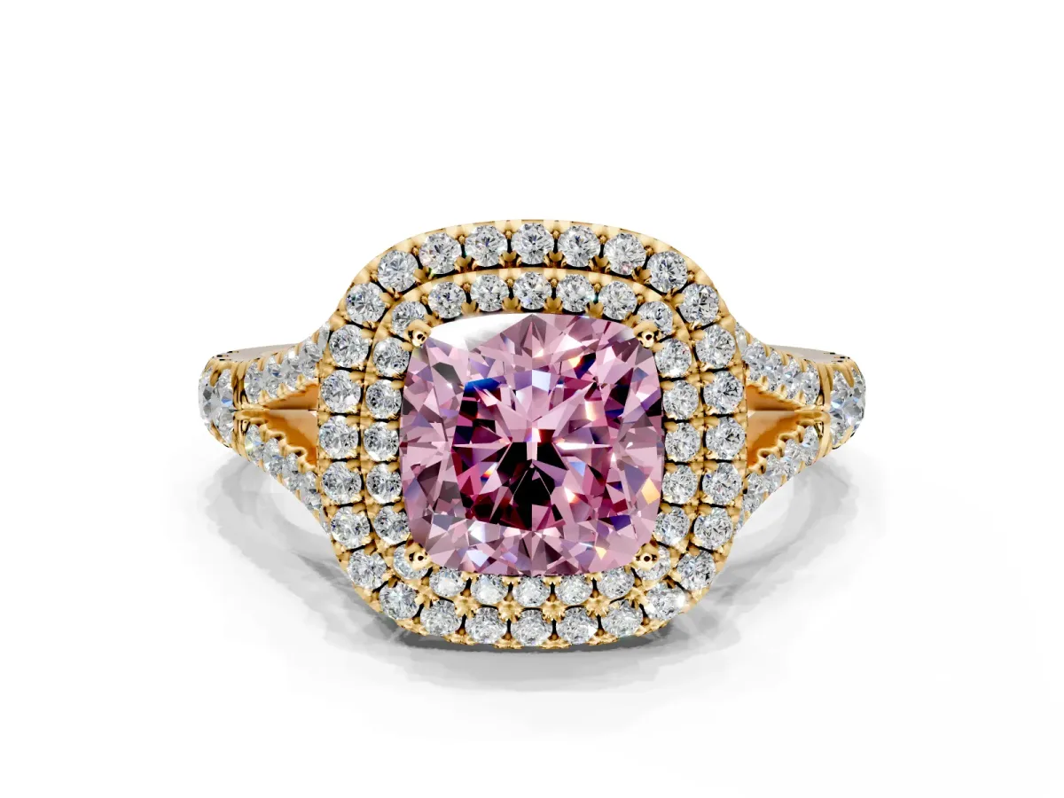 Double Halo Engagement Ring Setting for Fancy Pink Cushion Cut Center with Narrow Pave Split Shank and Prong Head in Yellow Gold