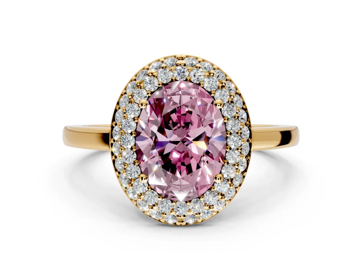 Halo Engagement Ring Setting for Fancy Pink Oval Center with Plain Tapered Band and Prong Head in Yellow Gold