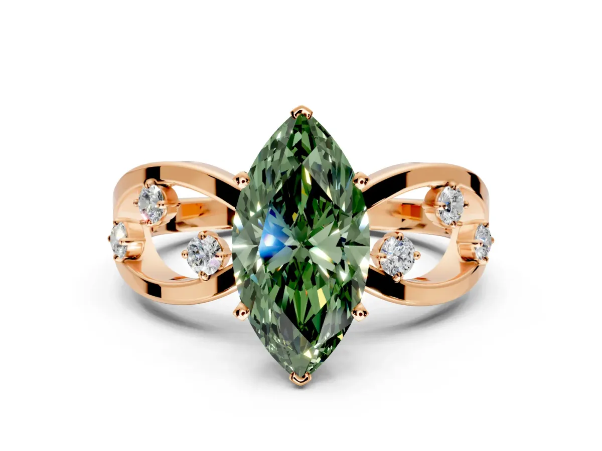 Solitaire Engagement Ring Setting for Fancy Green Marquise Center with Criss-Cross Accent Band and Prong Head in Rose Gold