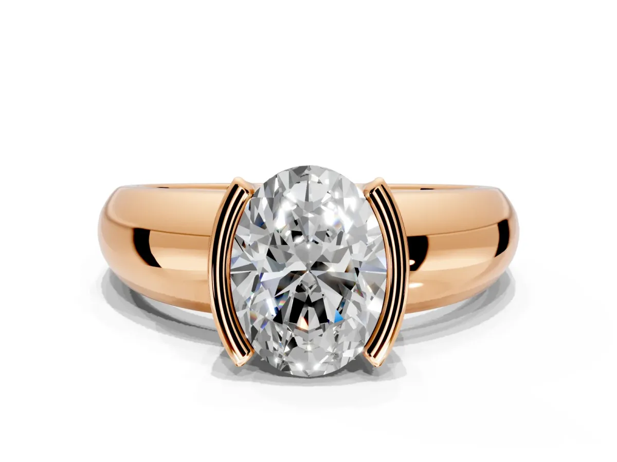 Tension Engagement Ring Setting for Oval Center with Wide Flat Band and Tension Head in Rose Gold