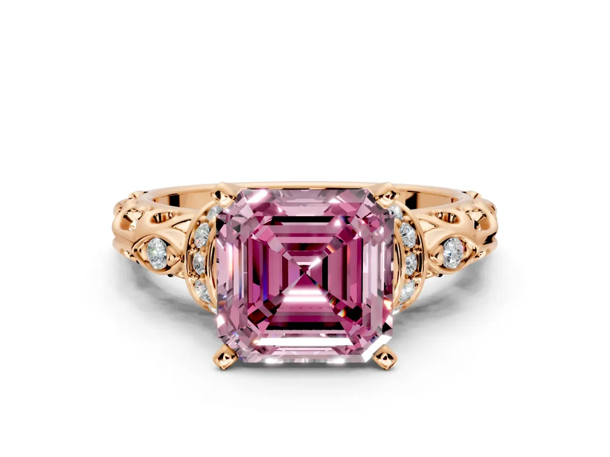 Solitaire Engagement Ring Setting for Fancy Pink Asscher Cut Center with Filigree Band and Prong Head in Rose Gold