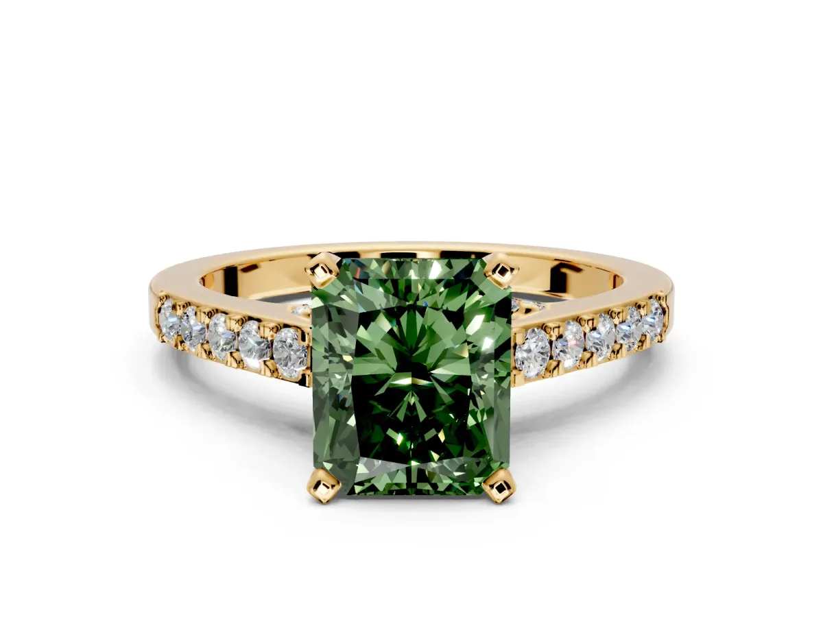 Solitaire Engagement Ring Setting for Fancy Green Radiant Cut Center with Crossover Accents and Prong Head in Yellow Gold