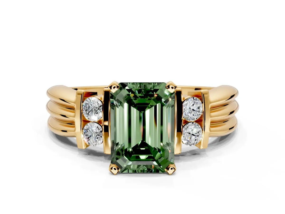 Solitaire Engagement Ring Setting for Fancy Green Emerald Cut Center with Grooved Bar Accent Band and Prong Head in Yellow Gold
