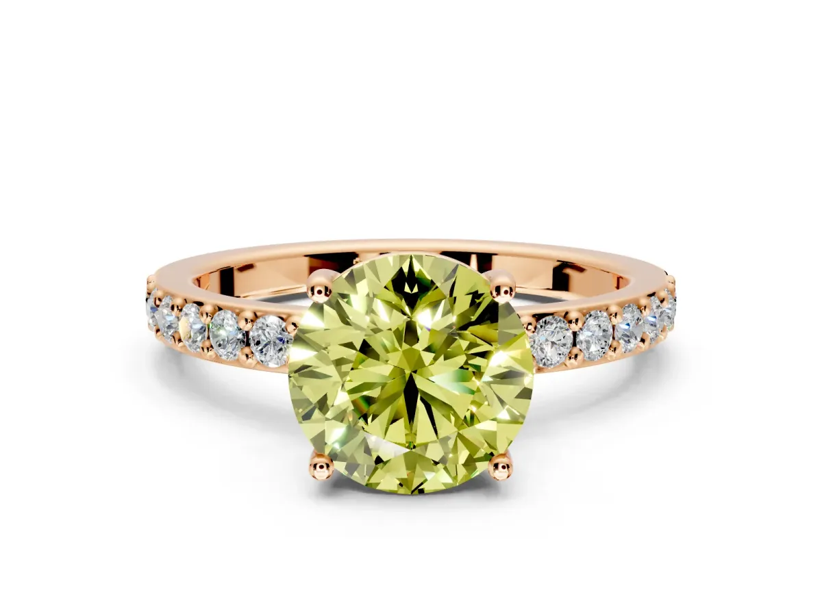 Solitaire Engagement Ring Setting for Fancy Yellow Round Cut Center with Round Cut Pave Band and Prong Head in Rose Gold