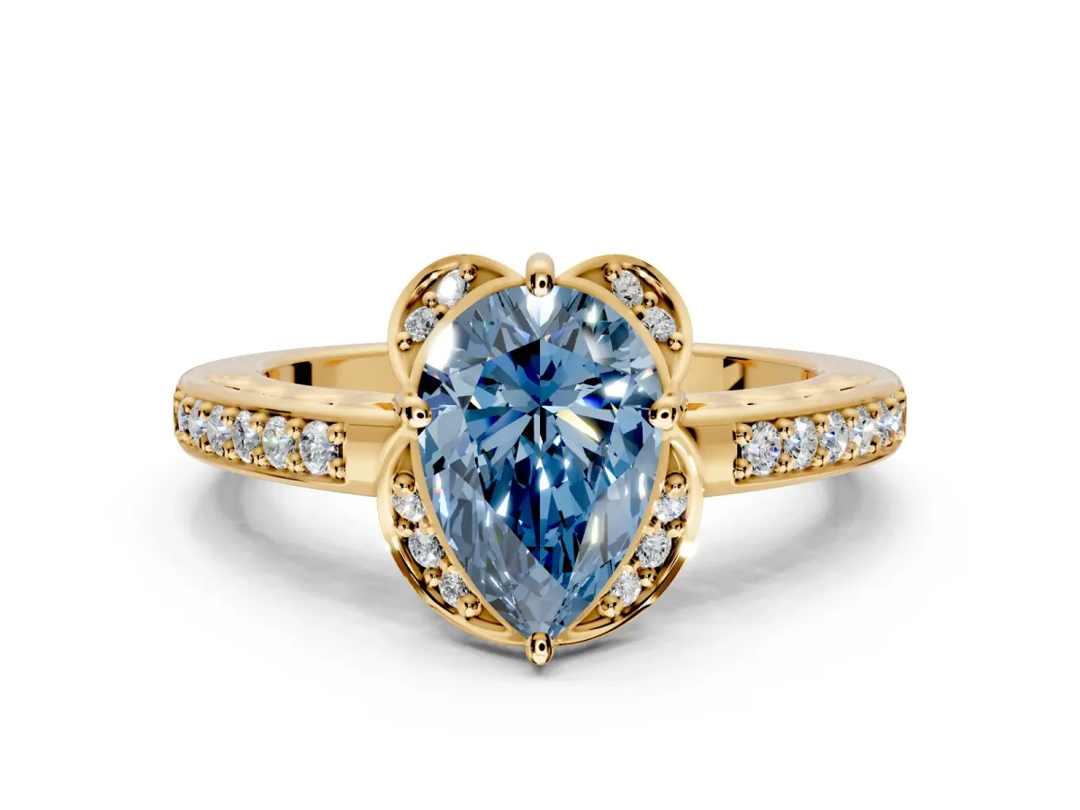 Floral Engagement Ring Setting for Fancy Blue Pear-Shaped Center with Four Accent Clusters and Prong Head in Yellow Gold