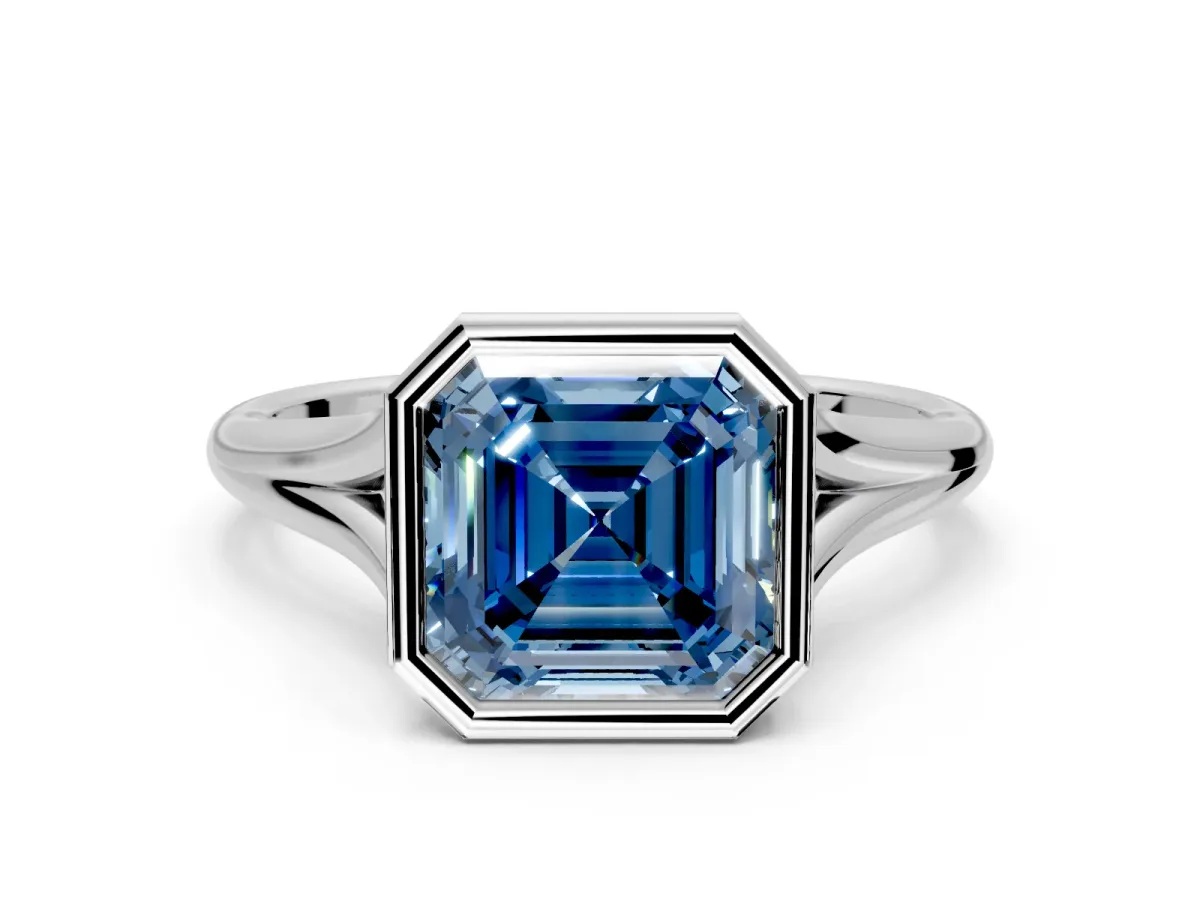 Solitaire Engagement Ring Setting for Fancy Blue Asscher Cut Center with V Split Shank and Bezel Head in Platinum