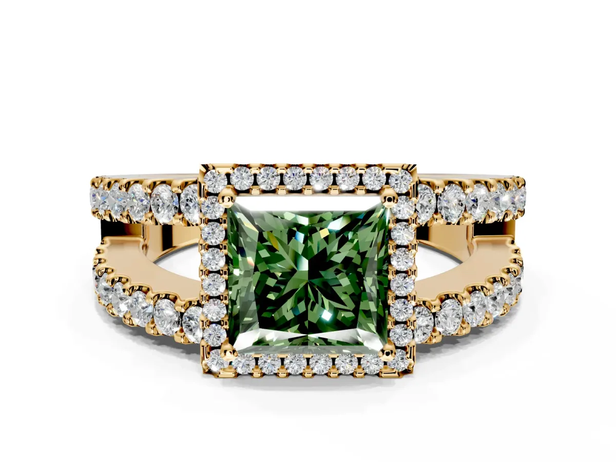 Halo Engagement Ring Setting for Fancy Green Princess Cut Center with Wide-Open Pave Split Shank and Prong Head in Yellow Gold