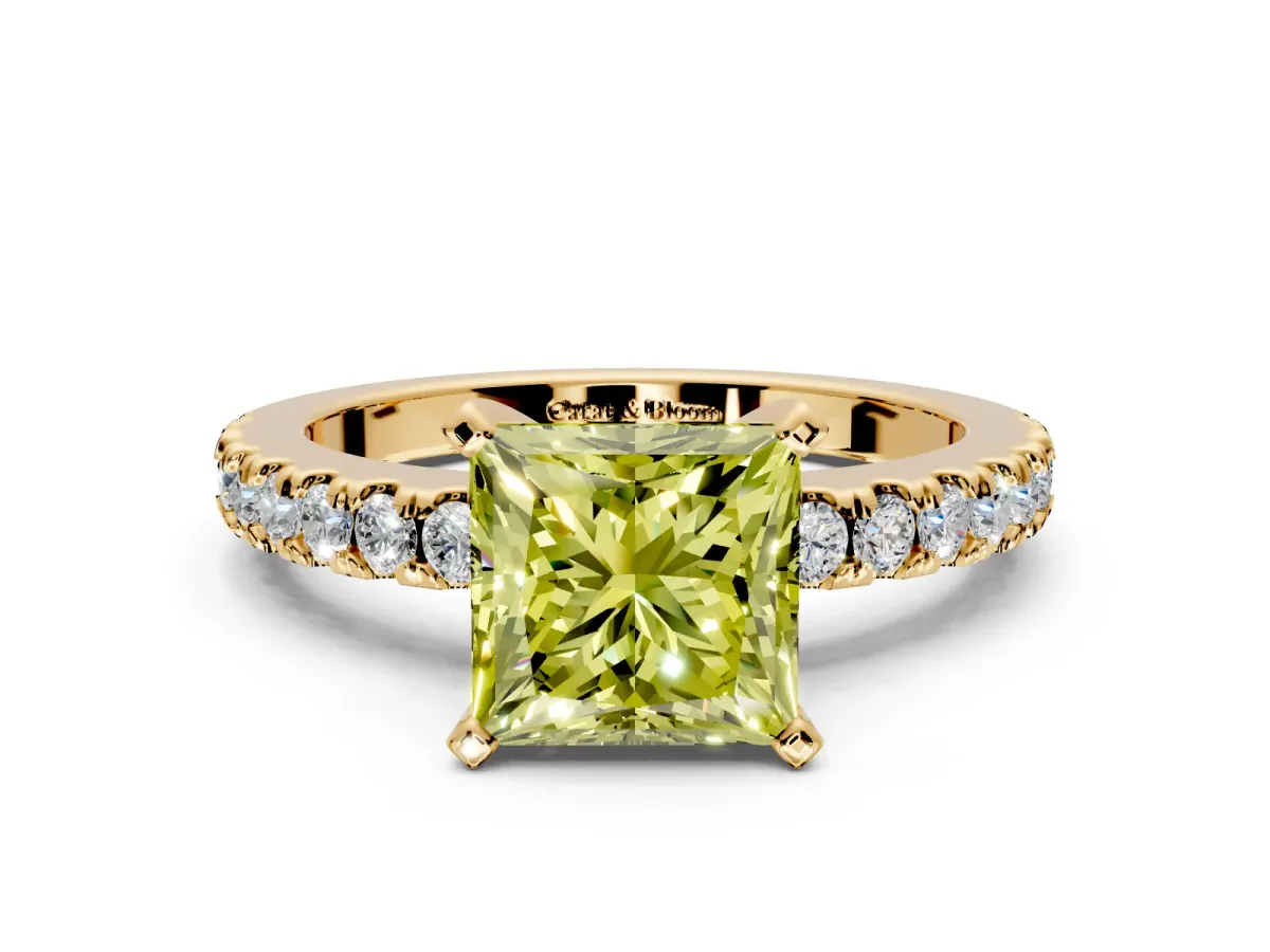 Solitaire Engagement Ring Setting for Fancy Yellow Princess Cut Center with Single Row Accent Band and Prong Head in Yellow Gold