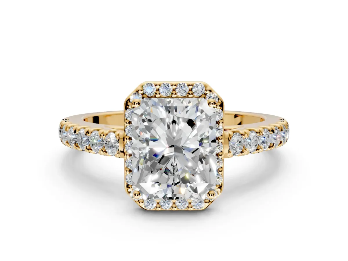 Halo Engagement Ring Setting for Radiant Cut Center with Full Pave Band and Prong Head in Yellow Gold