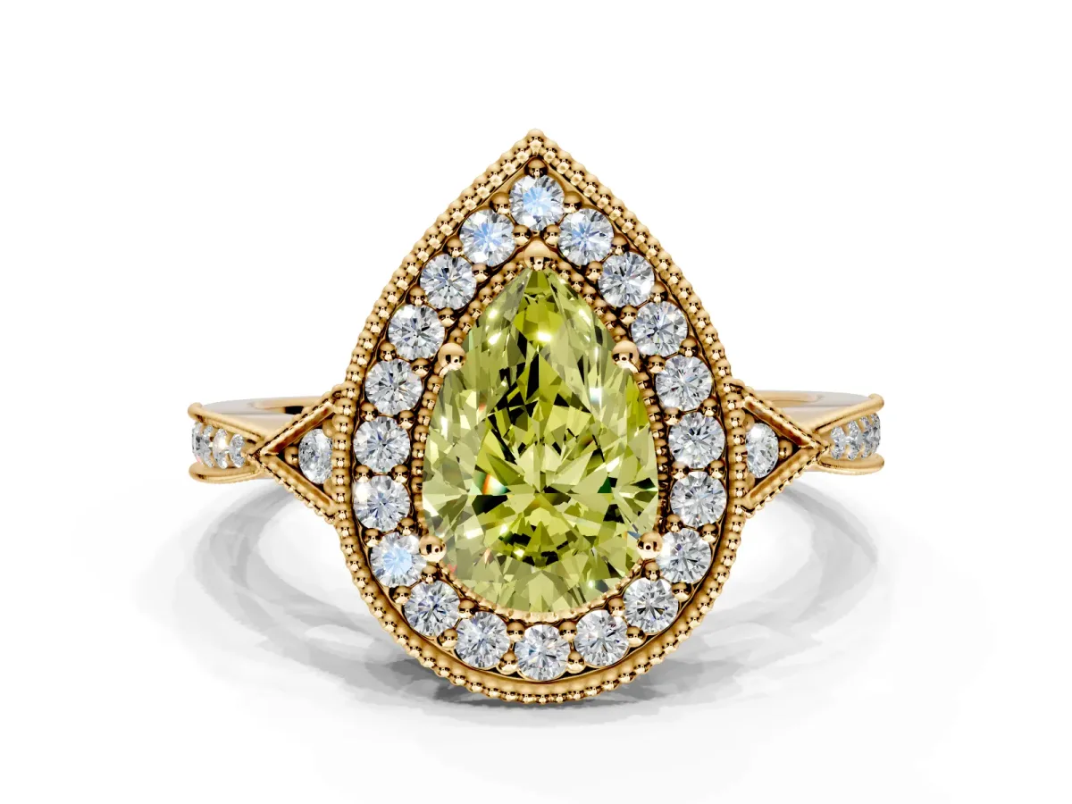 Halo Engagement Ring Setting for Fancy Yellow Pear-Shaped Center with Milgrain Rim, Pave Band and Prong Head in Yellow Gold