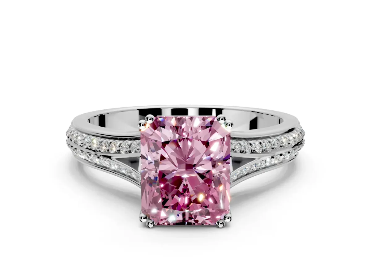 Solitaire Engagement Ring Setting for Fancy Pink Radiant Cut Center with Pave Rail Split Shank and Prong Head in White Gold