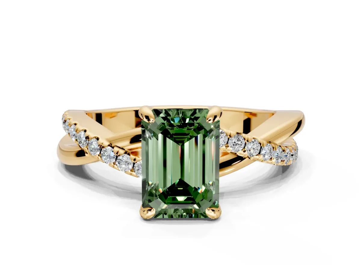 Solitaire Engagement Ring Setting for Fancy Green Emerald Cut Center with Half-Pave Crossover Band and Prong Head in Yellow Gold