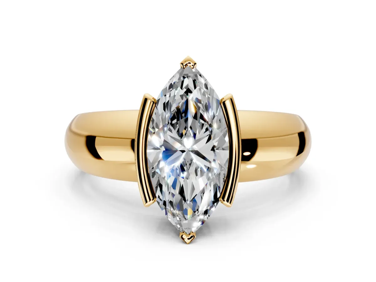Tension Engagement Ring Setting for Marquise Center with Wide Flat Band and Tension Head in Yellow Gold