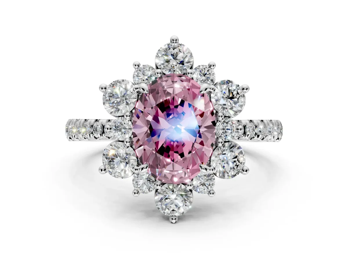 Floral Halo Engagement Ring Setting for Fancy Pink Oval Center with Pave Accents and Prong Head in Platinum