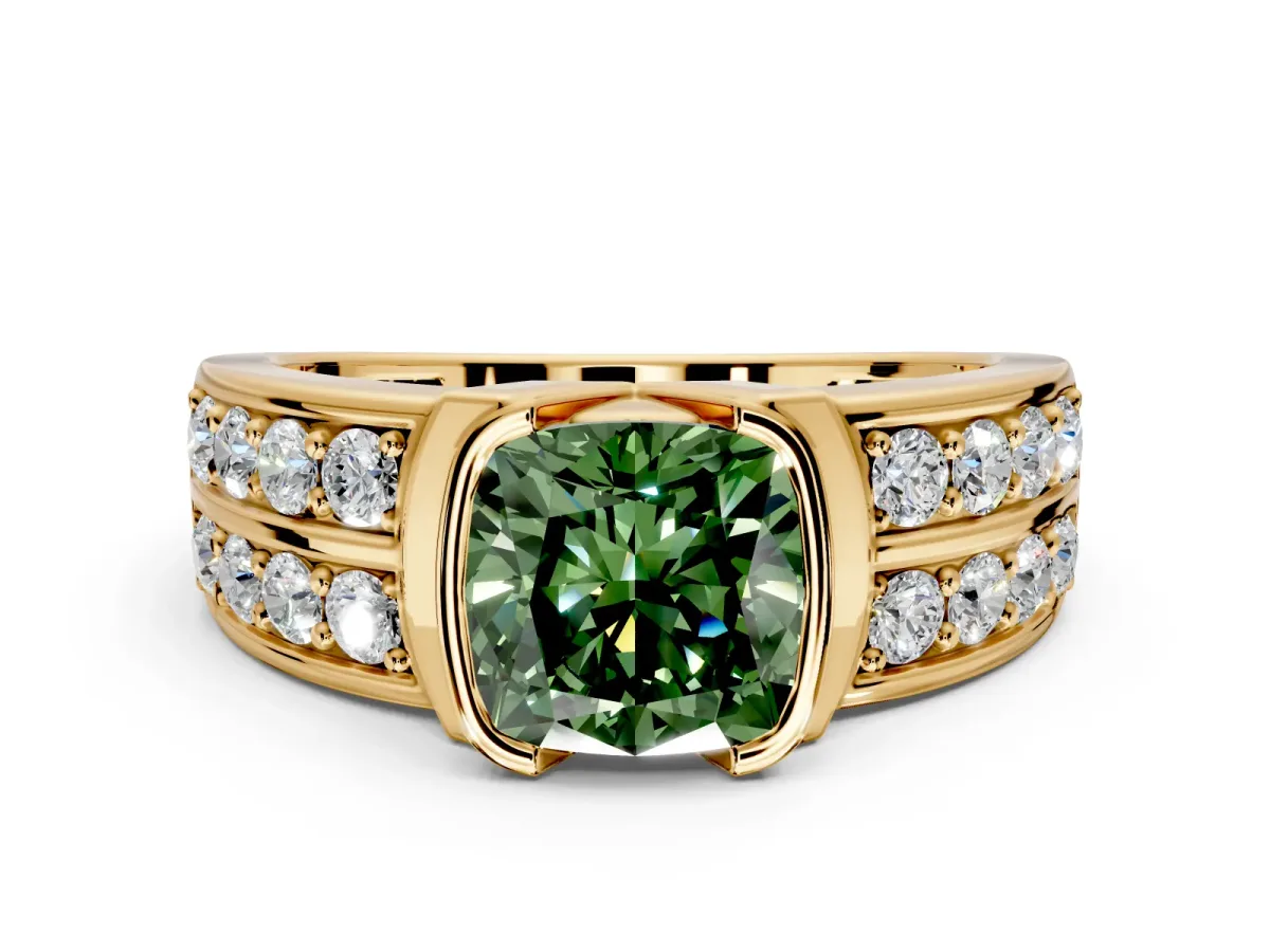 Bezel Engagement Ring Setting for Fancy Green Cushion Cut Center with Wide Channel-Set Band and Bezel Head in Yellow Gold