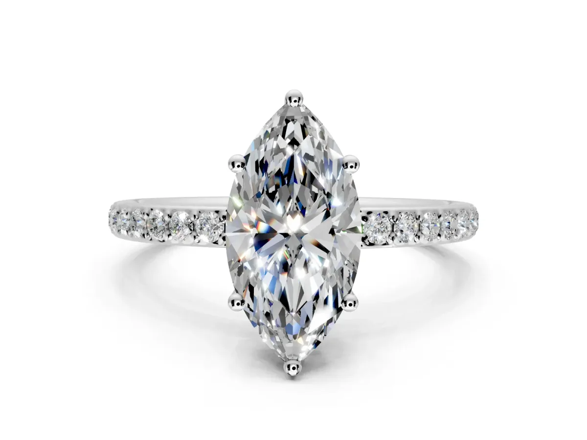Solitaire Engagement Ring Setting for Marquise Center with Fine Pave Band and Prong Head in White Gold