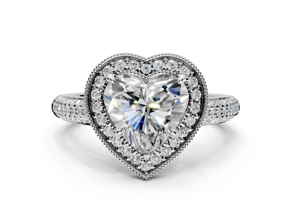 Milgrain Halo Engagement Ring Setting for Heart-Shaped Center with Three-Sided Pave Band and Prong Head in White Gold