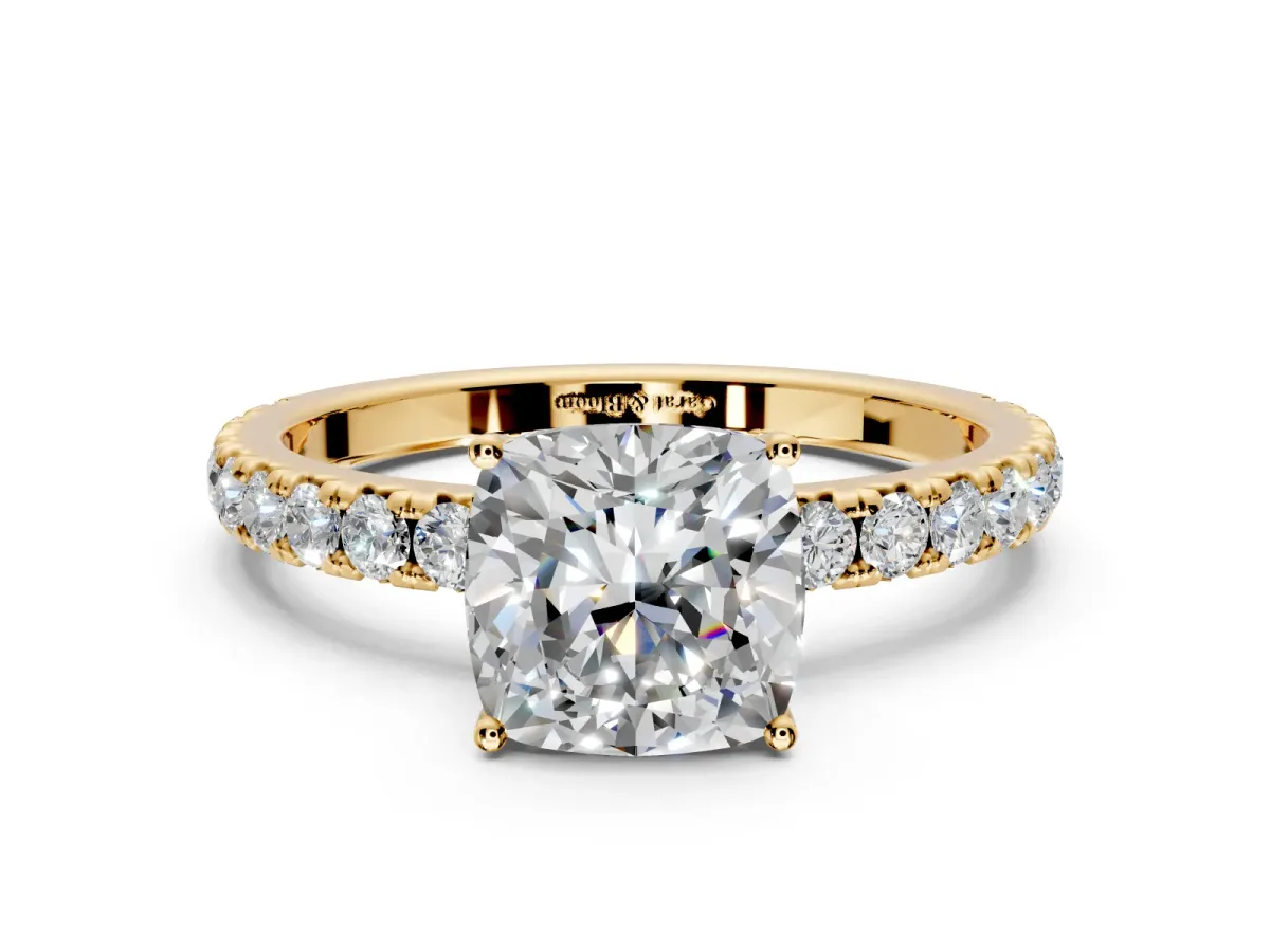 Solitaire Engagement Ring Setting for Cushion Cut Center with Large Accent Band and Prong Head in Yellow Gold