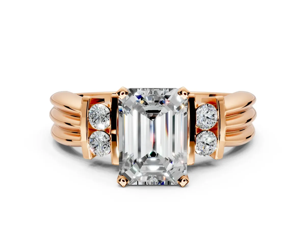Solitaire Engagement Ring Setting for Emerald Cut Center with Grooved Bar Accent Band and Prong Head in Rose Gold