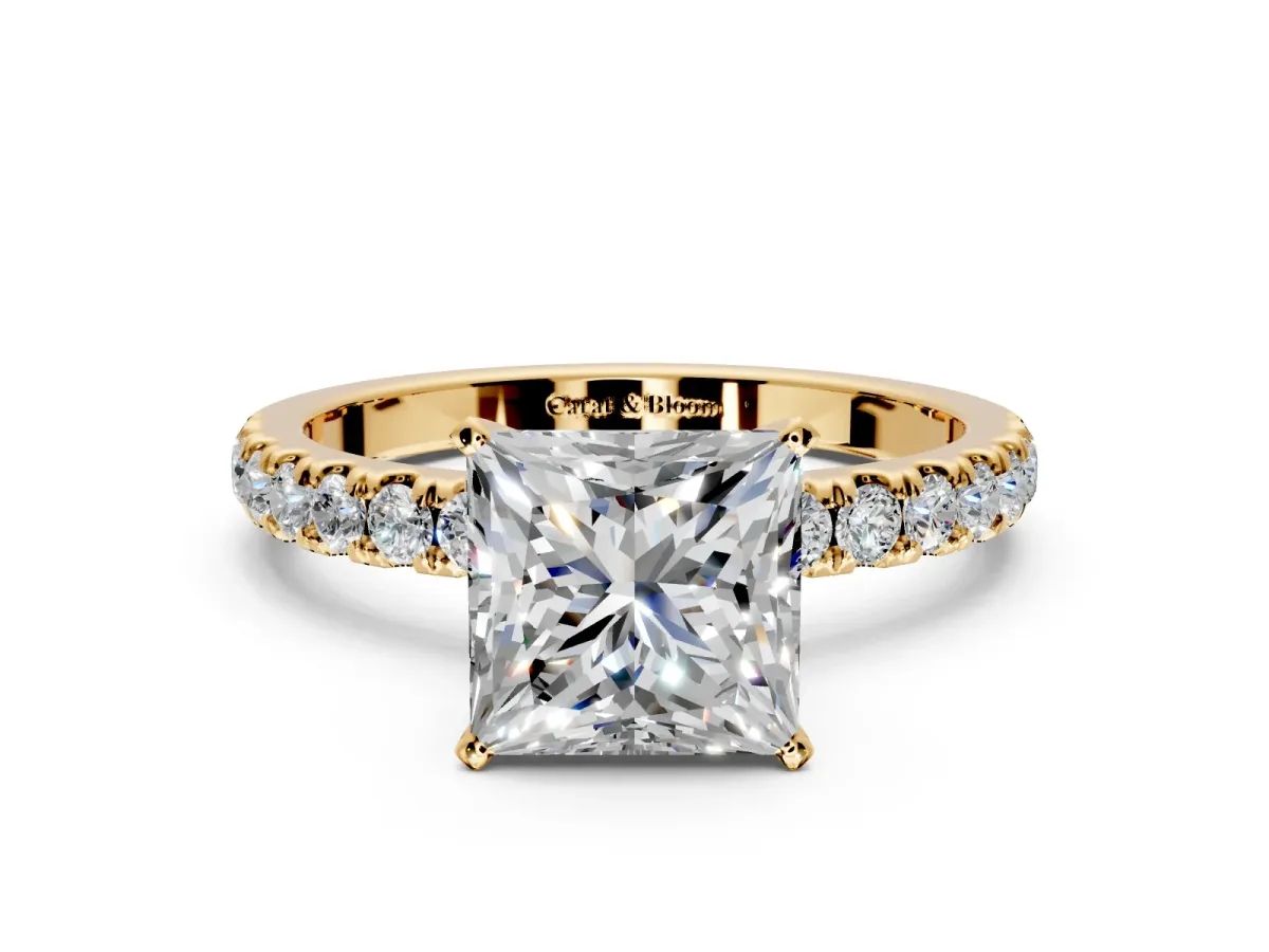 Open Basket Engagement Ring Setting for Princess Cut Center with Pave Band and Prong Head in Yellow Gold