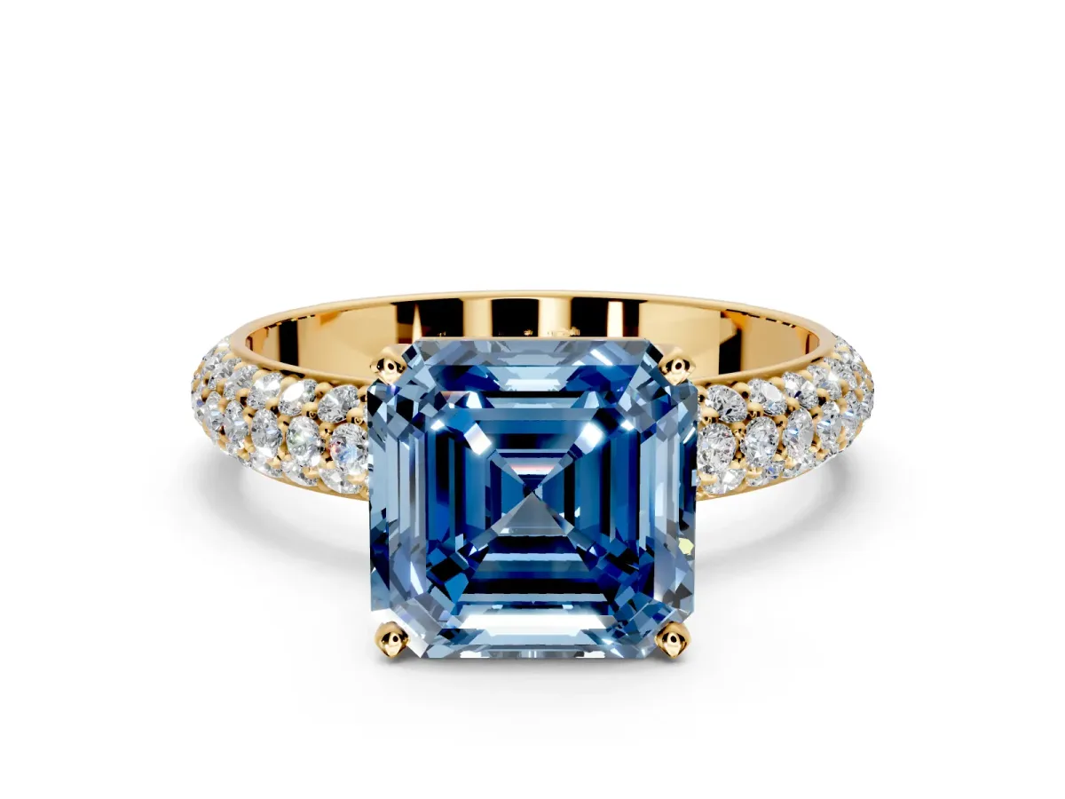 Solitaire Engagement Ring Setting for Fancy Blue Asscher Cut Center with Domed Multi-Row Pave Band and Prong Head in Yellow Gold